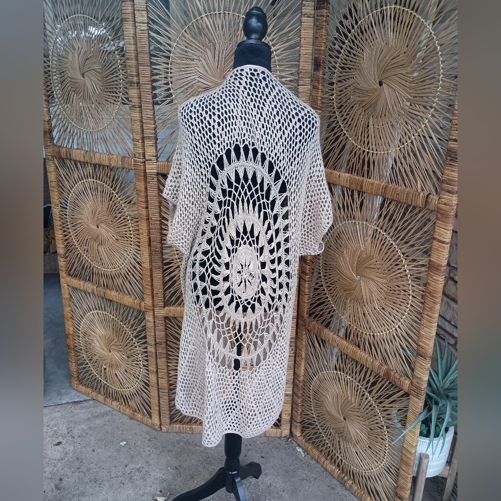 Tan Open Knit/Crochet Cardigan_M/L